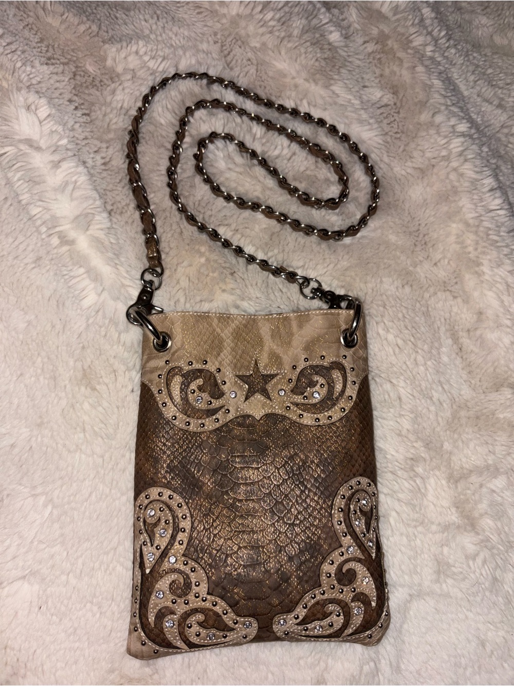 Studded Brown-Tan Crossbody Bag with Chain Strap